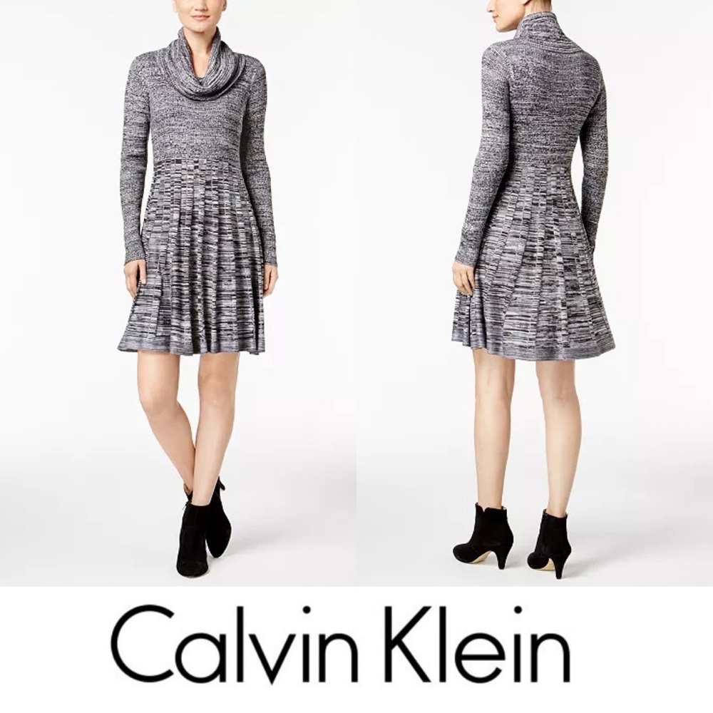 Calvin Klein Marled Knit Cowl Neck Fit & Flare Sweater Dress Size Medium P Grey